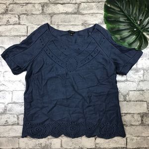 Ann Taylor Blue Linen Eyelet Cutout Blouse Tee